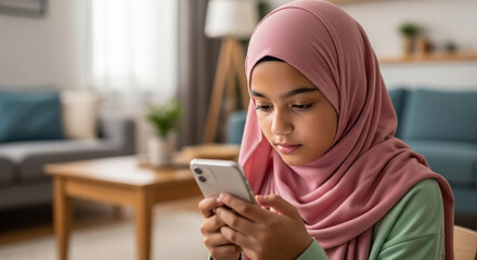 Muslim girl texting on phone while sitting in living room