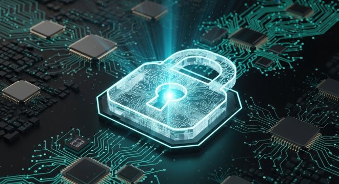Digital Fortress: Cybersecurity Concept with Lock and Microchips Integrated