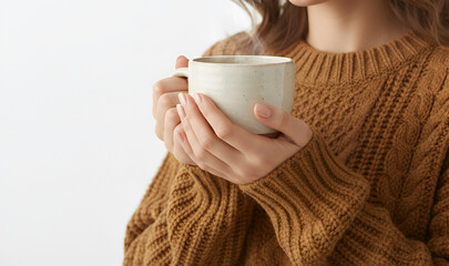 Woman holding a steaming cup of coffee, dressed in a cozy knitted sweater, showcasing warmth and comfort in a serene indoor setting with soft lighting and minimalistic background