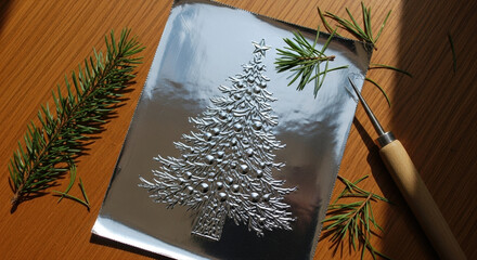 Silver foil decoration with pressed Christmas tree design on wooden surface. Pine needles and embossing stylus beside the artwork. Holiday tin foil embossed ornament, silver tree, rustic decor