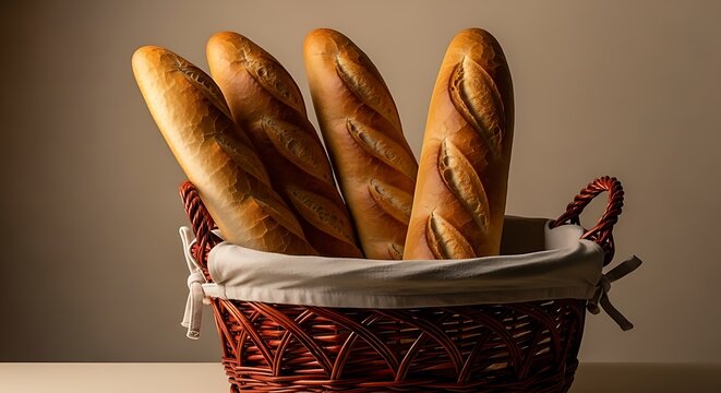 Freshly baked baguettes in a rustic basket, perfect for breakfast or a picnic - Powered by Adobe
