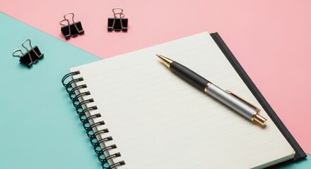 workspace with notebook, pastel desk holding journal, stationery setup featuring writing tools and notebook