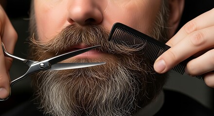 Barber trimming a long, stylish mustache with scissors and comb