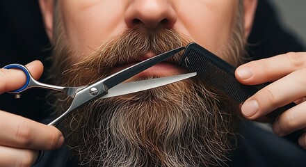 Barber trimming a long, stylish mustache with scissors and comb