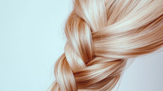 Gorgeous close-up of a beautifully styled braid featuring shiny, silky hair showcasing various shades of blonde against a soft background