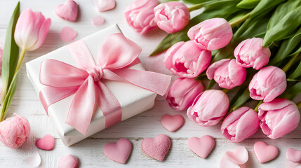 Beautiful pink tulips and a gift box with a ribbon are arranged on a wooden surface, surrounded by heart-shaped decorations, creating a romantic and festive atmosphere
