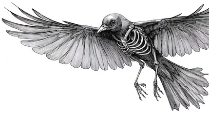 Naklejka premium A grayscale illustration of a bird in flight, with exposed skeletal structure visible