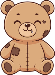 Cartoon teddy bear, stitched patches, heart cheek, joyful expression, cute plush toy, kids theme, sleepy bear, flat vector illustration