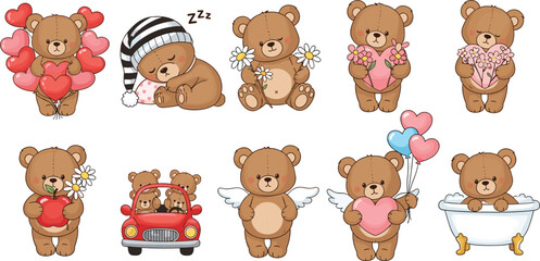Cartoon teddy bears, heart balloons, angel wings, flower bouquet, red car ride, cute characters, love theme, flat vector illustration