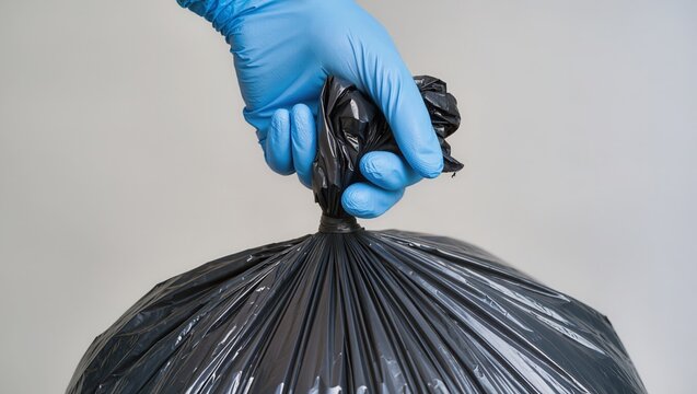 Close-up of a tightly tied garbage bag knot lifted by a gloved utility hand, highlighting waste handling, hygiene and organized waste removal. Ideal for sanitation, disposal and municipal services