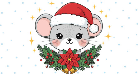 Christmas mouse, Santa hat, holiday wreath, festive bells, cute animal, winter decoration, cartoon character, seasonal joy, flat vector illustration