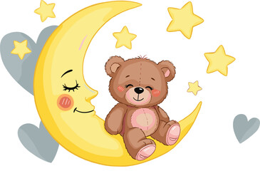 crescent moon, teddy bear, bedtime theme, cute illustration, stars and hearts, nursery decor, dreamy night, flat vector illustration