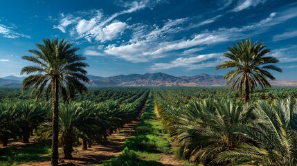 Fototapeta premium Stunning wide-angle photograph of a massive, thriving green plantation in the middle of a desert, with rows of palm trees under a bright blue sky.