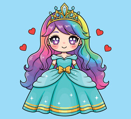 rainbow hair princess, turquoise gown, golden crown, sparkles and hearts, fantasy girl, kids theme, magical charm, flat vector illustration