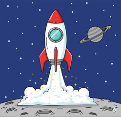 Rocket launch, cartoon spaceship, moon surface, space exploration, starry sky, Saturn planet, propulsion flames, cute design, flat vector illustration