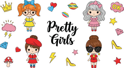 Pretty girls cartoon, fashion outfits, colorful icons, stylish accessories, playful theme, whimsical design, flat vector illustration