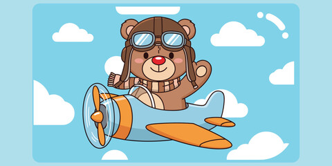 pilot bear, cartoon airplane, flying animal, vintage goggles, sky clouds, children theme, whimsical flight, flat vector illustration