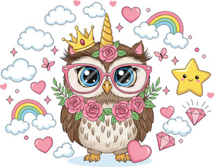 Unicorn with rainbow horn, cartoon owls, pink glasses, fantasy theme, butterflies, clouds, cute animals, flat vector illustration
