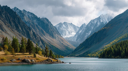 A scenic view of a mountain range with a lake and trees under a cloudy sky landscape