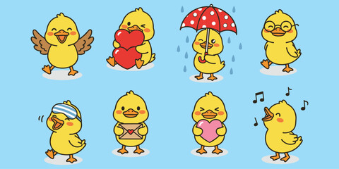 Cute ducklings, cartoon emotions, heart symbols, umbrella scene, musical notes, sleeping cap, kids illustration, expressive animals, flat vector illustration