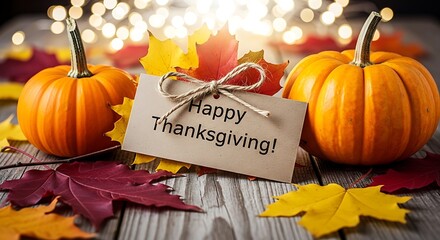 Happy thanksgiving message card surrounded by pumpkins and autumn leaves with bokeh lights