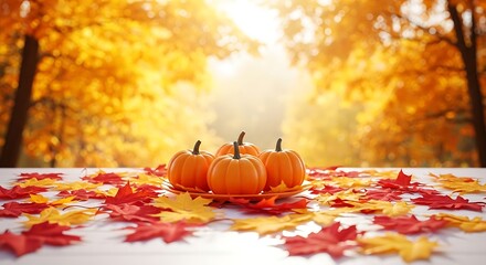 Autumn harvest pumpkins and colorful fall leaves on a table with a blurred forest background