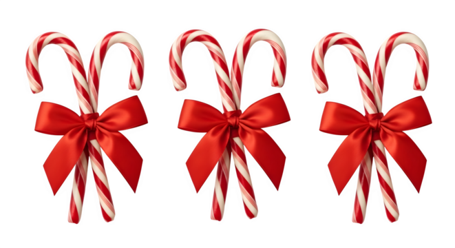Three candy canes with red bows isolated on transparent background