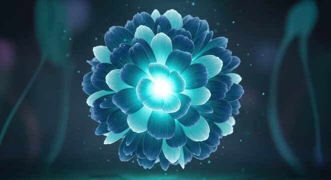 Glowing luminous flower radiates vibrant cyan light against a dark background