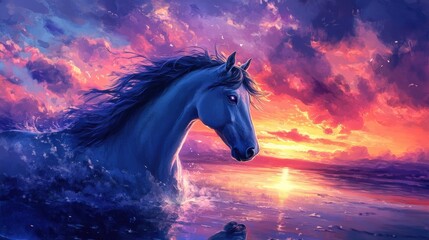 A calm horse with sunset reflecting in its eyes