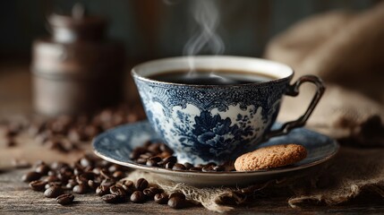 Fototapeta premium Vintage porcelain cup of hot, steaming black coffee on a saucer sits amongst roasted coffee beans on a rustic table in a cozy cafe setting.