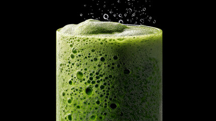 Close up view of a green frothy drink in a glass with droplets against a black background studio shot