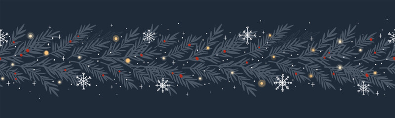 Fototapeta na wymiar Lovely hand drawn horizontal seamless borders with winter branches, Christmas design, great for decorations, prints, cards - vector design