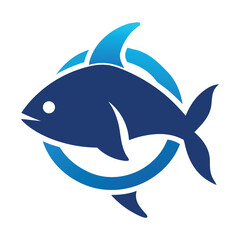 Stylized blue fish logo with circular wave element for marine concept.