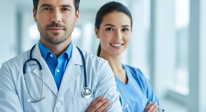 Confident male doctor and smiling female nurse standing together in a hospital hallway