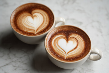 Dwie filiżanki kawy z mlecznymi serduszkami, idealne na walentynkową randkę