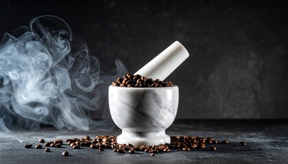 Marble mortar and pestle filled with coffee beans surrounded by smoky vapor, against dark textured background