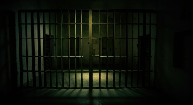 A dark prison cell with metal bars and minimal lighting creating a somber atmosphere
