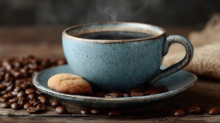 Vintage porcelain cup of hot, steaming black coffee on a saucer sits amongst roasted coffee beans on a rustic table in a cozy cafe setting.