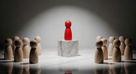Leadership concept shows one red figure standing out from a group of wooden figures on a marble pedestal suggesting uniqueness