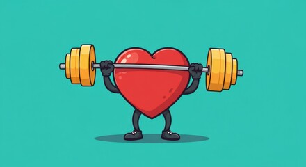 A cartoon heart character lifting a heavy barbell with weights on each end