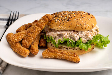 chicken salad  sandwich with chicken fries