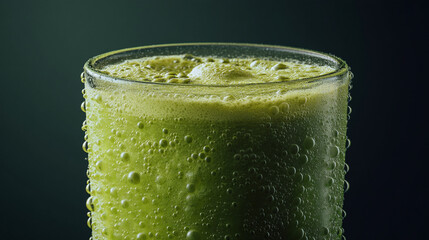 Close up shot of a glass filled with a green frothy liquid with condensation on the outside of the glass