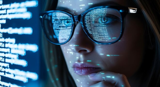 Young woman wearing glasses reflecting glowing computer code in a dark room