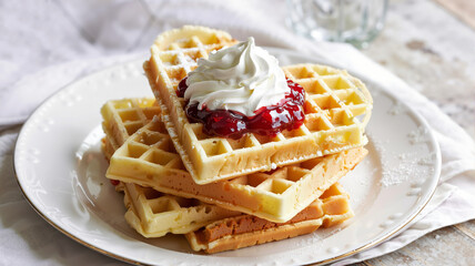 Heart-shaped waffles topped with cream and raspberry jam on plate