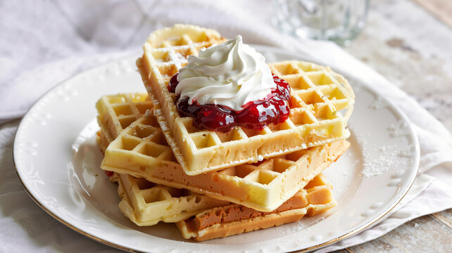 Heart-shaped waffles topped with cream and raspberry jam on plate - Powered by Adobe