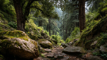 A winding path through a lush green forest with mossy rocks and tall trees overhead