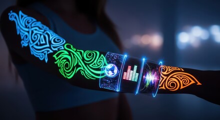 Illuminated futuristic tattoo pattern displays holographic data on a person's arm
