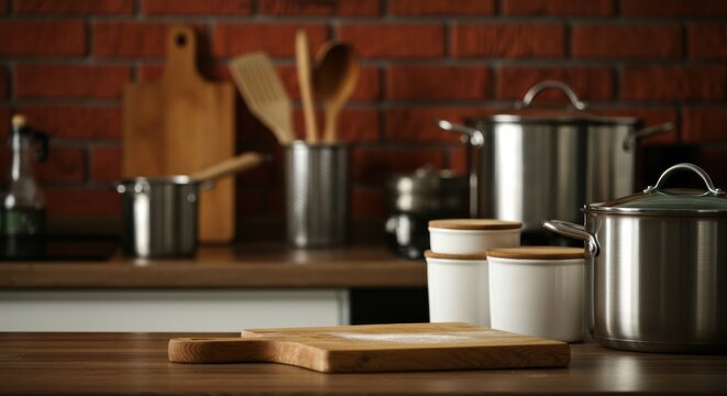 A collection of stainless steel pots and kitchen utensils arranged on a wooden countertop in a modern kitchen setting