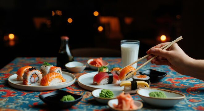 Assorted sushi rolls and sashimi arranged on a colorful tablecloth with beverages and condiments - Powered by Adobe