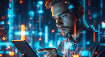Man engrossed in digital data streams and futuristic technology on a tablet device